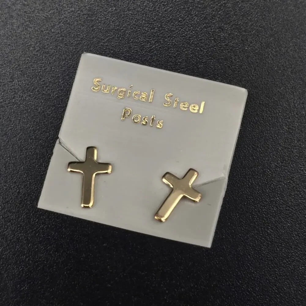Gold Tone Cross Stud Earrings Surgical Steel Posts Religious Dainty Jewelry